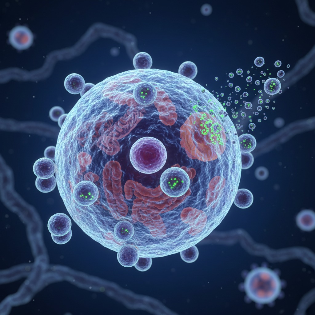 A microscopic view of a cell releasing small, glowing green particles into the surrounding space.