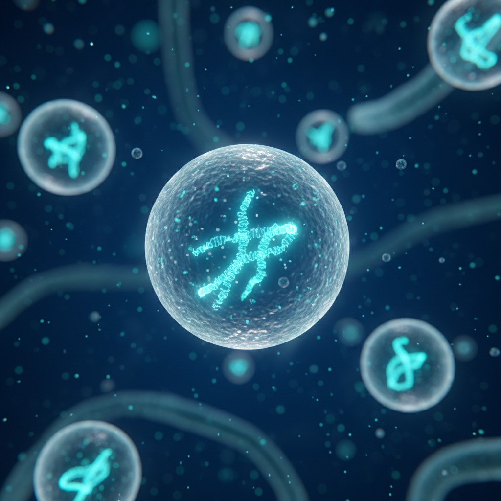 A microscopic view of glowing, translucent cells containing bright blue, thread-like genetic structures against a dark background.
