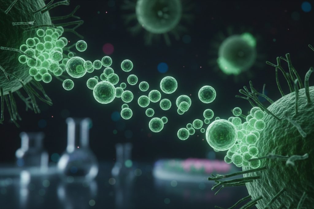 Microscopic green cells interact and release particles against a dark background with blurred laboratory equipment.